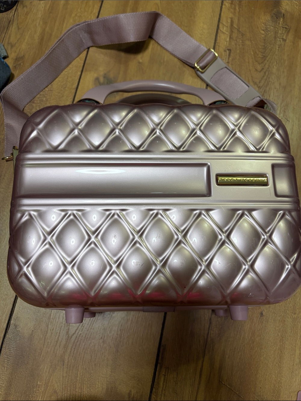 Metallic Rose Pink Quilted Cosmetic Case with Carry Strap